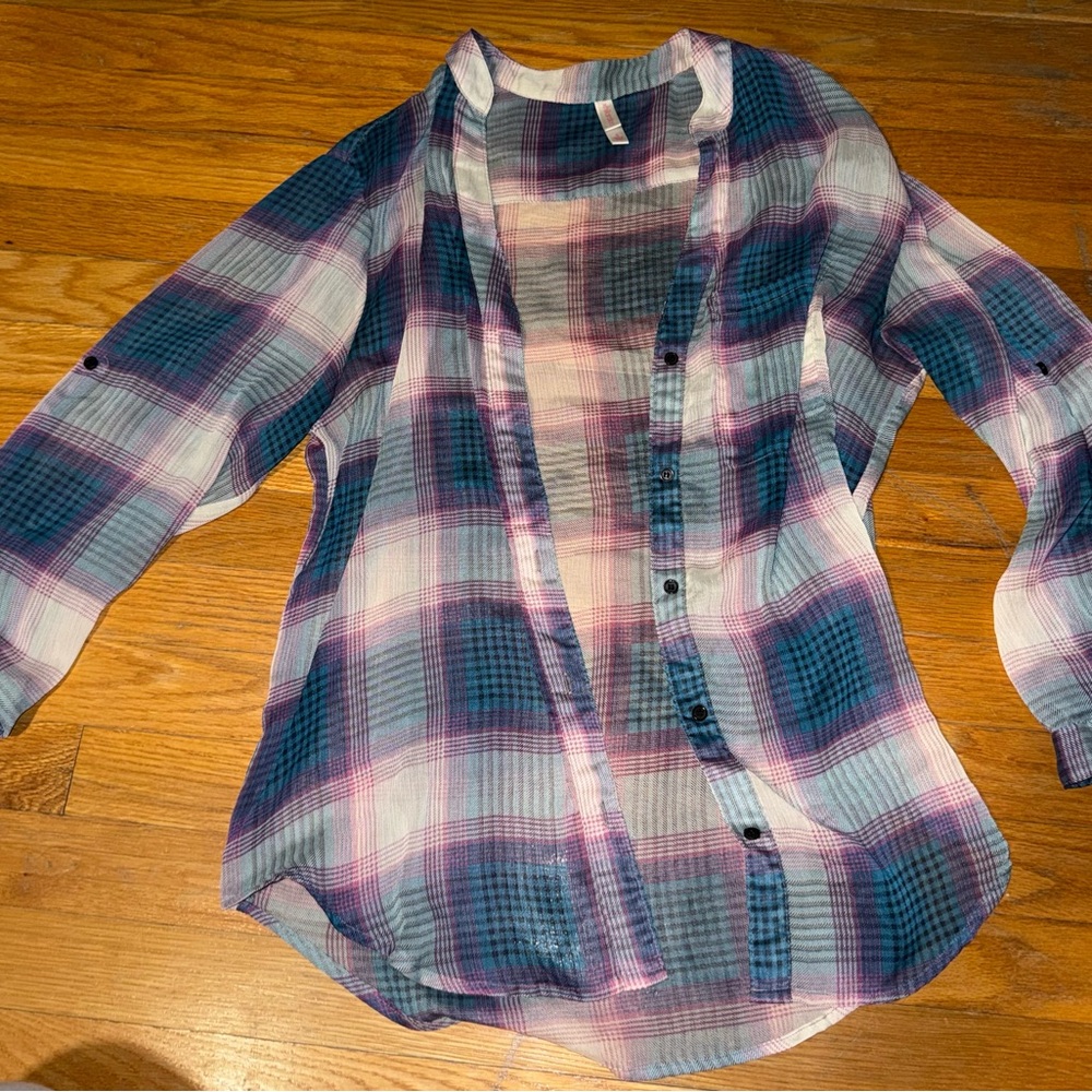 Xhilaration Pink and Blue Plaid Button Down Shirt